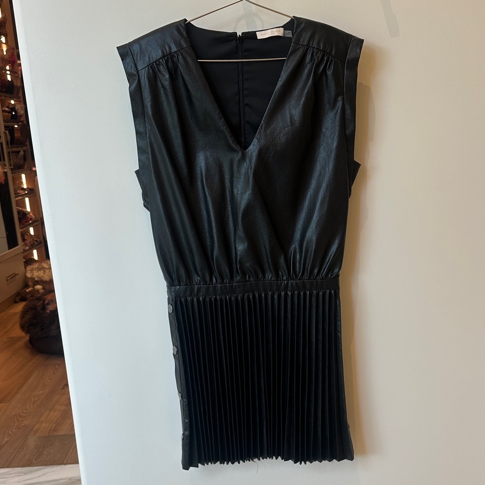 Ramy Brook Black Faux Leather Pleated Mini Dress